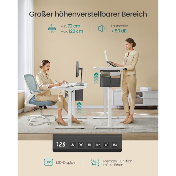 Rootz Electric Desk - Stående Skrivebord - Justerbar Højde Skrivebord - Spånplader og stål - 60cm x 140cm x (72-120cm) - Cloud White
