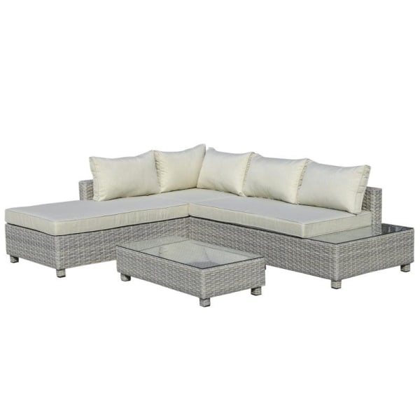 Rootz Polyrattan Trädgårdsmöbelset - Trädgårdsset - Loungeset - Loungemöbler med sidobord - Kuddar - Grå/Beige - 209W x 83D x 59H cm