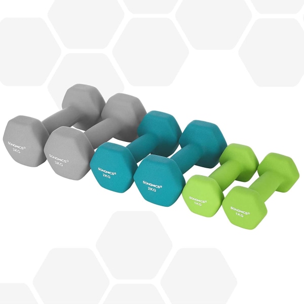 Rootz Dumbbells Set - Hantlar - Hexagonal - Hantelställ - 1 kg - 2 kg - 3 kg - Styrketräning - Limegrön - Akvamarin - Ljusgrå