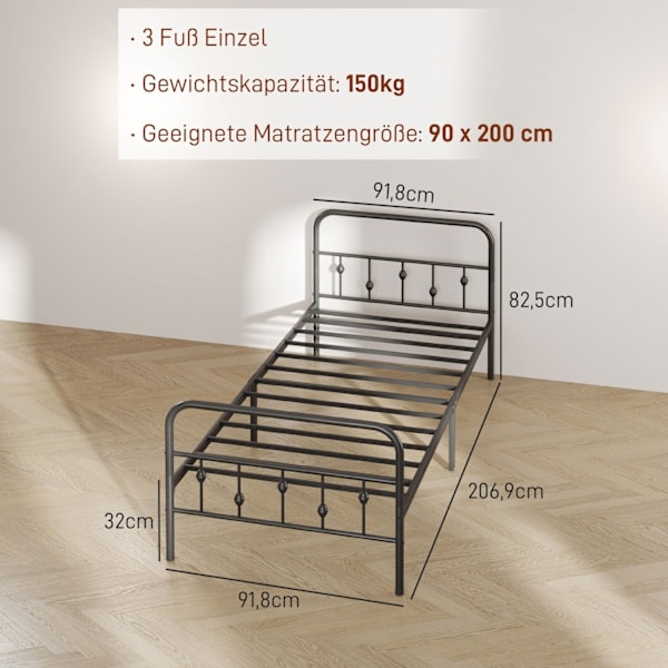 Rootz Metal enkelbäddsram - svart säng - tyst ram - enkel montering - 206,9 cm x 91,8 cm x 82,5 cm - 32 cm lagringsutrymme