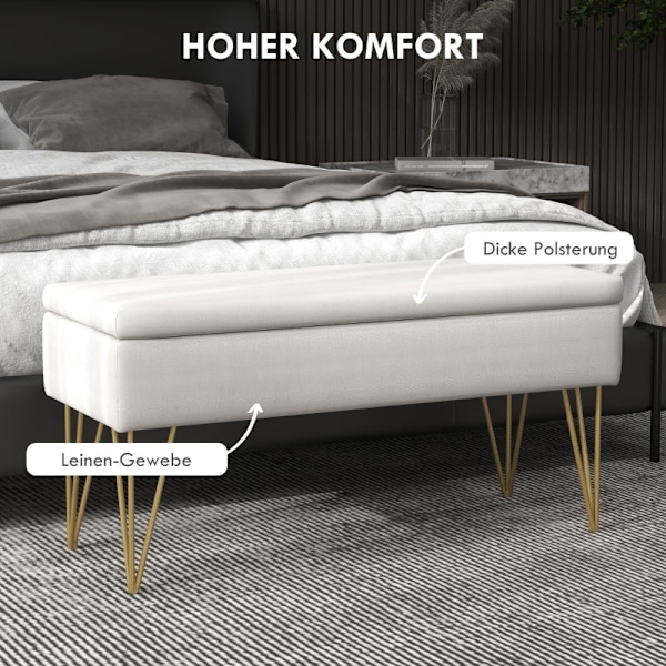Rootz Sengebænk med opbevaringsplads - Soveværelsesbænk - Ottoman - Cremestof - Guld hårnåleben - 100 cm x 40 cm x 49 cm