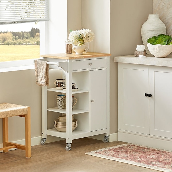 Rootz Kitchen Trolley Cart - Serveringsvagn - Mobil köksö - Spånskiva & MDF-konstruktion - Mångsidig förvaring med låda, hyllor & handdukshållare - Ea