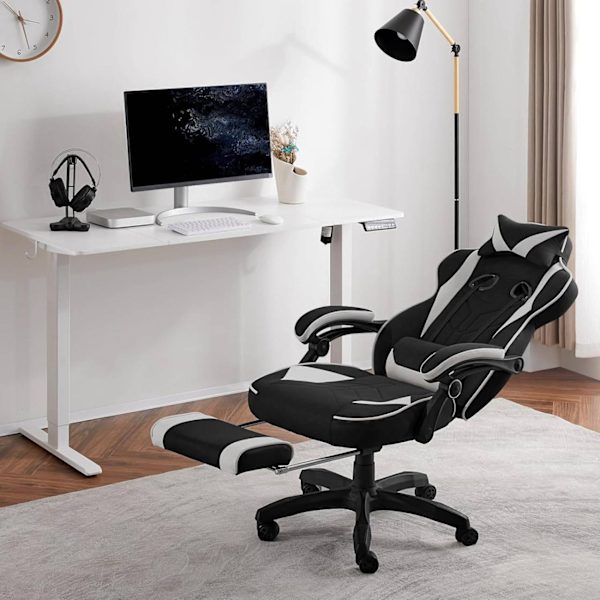 Rootz Gaming Chair med Fotstöd - Kontorsstol - Justerbar fällbar sits - Ergonomisk design - Leathaire Tyg - 55cm x 51cm x 76,5cm