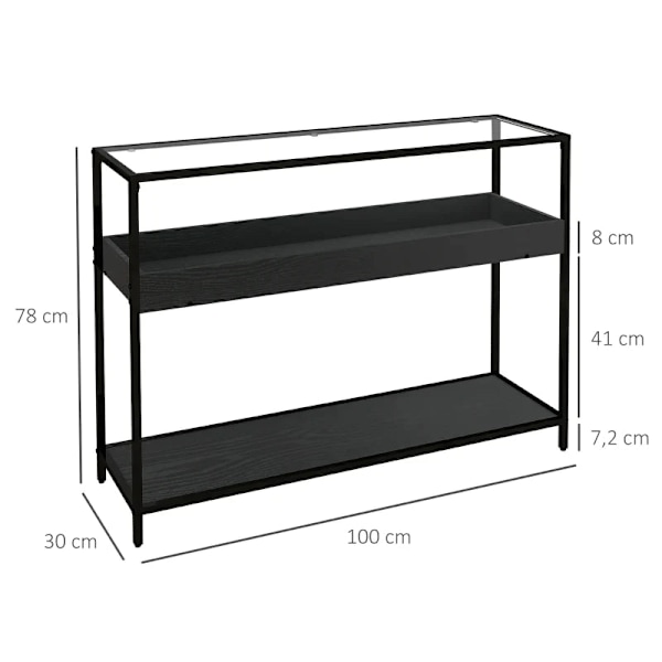 Rootz Konsolbord - 2 hylder - Opbevaringsplads - Gangbord - Gangkonsol - Hærdet glas - Sort - 100L x 30W x 78Hcm