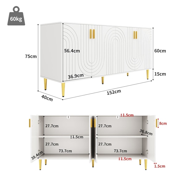 Rootz White skænk - Buffetskab - Opbevaringsenhed - Elegant design, let rengøring, MDF, 152 cm x 40 cm x 75 cm