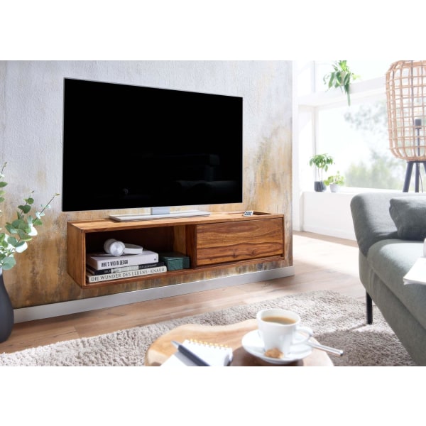 Rootz-alusta riippuva massiivi sheesham-puuta 108x25x34 cm TV-kaappi ruskea - Design-TV-taso säilytystilalla - TV-kaapin seinä moderni - TV-kaappi TV-