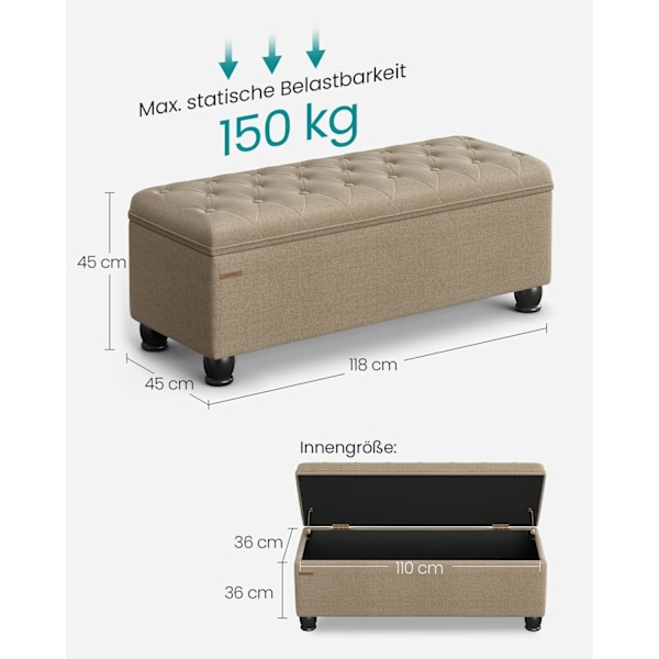 Rootz Storage Ottoman Bänk - Camel Brown - Fotstöd - Trunk - MDF och skum - 45cm x 118cm x 45cm - 150kg Kapacitet