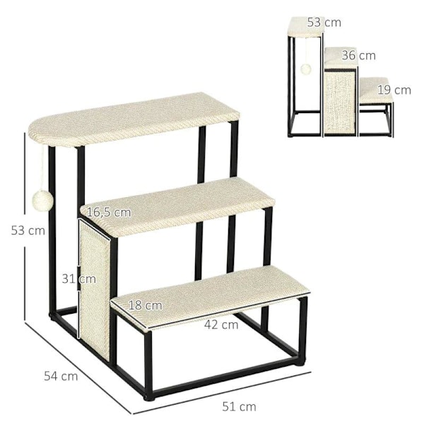 Rootz Kattetrappe - Med skrabebræt - 3 trin - Legetøjskugle - Robust - Stål + Sisal - Cremehvid + Sort - 51 x 54 x 53 cm