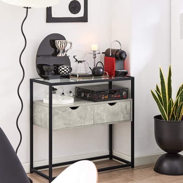 Rootz Modern skænkkonsolbord - Hallbord - Lysegråt sidebord - Glasplade - Rummelig opbevaring - Robust design - Justerbare fødder - 81 cm x 78 cm x 35