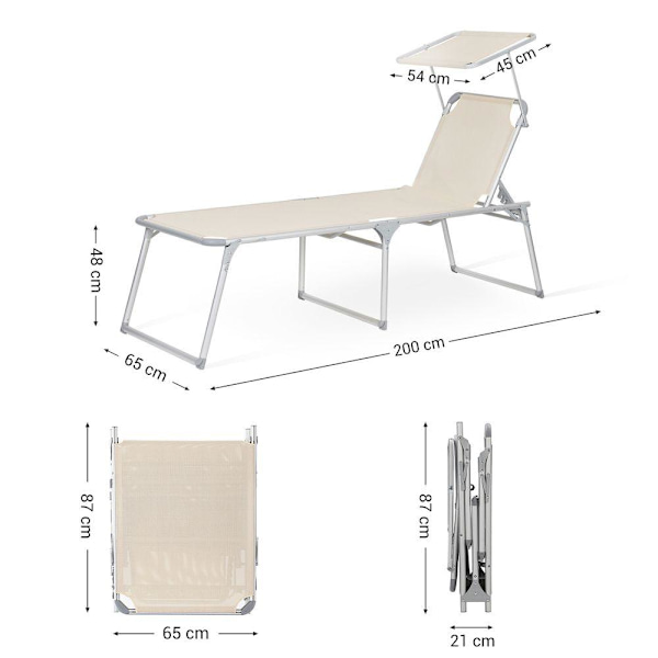 Rootz Solstol - Utomhussolstol - Fällbar solstol - Justerbar solstol - Trädgårdssolstol - Med Dyna Och Tak - Beige - 65 x 200 x 48 cm