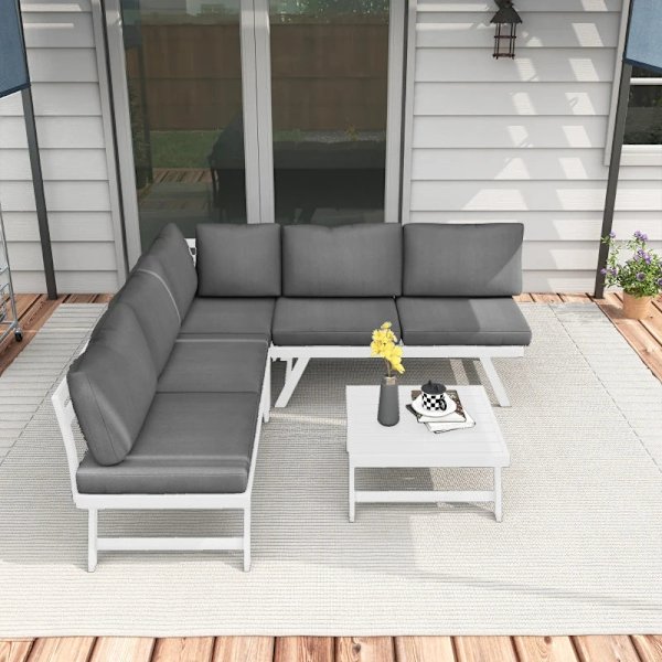 Rootz 4-delad Trädgårdssittplats Loungemöbler - Hörnsoffa - Soffbord - Sittdynor - Aluminium - Grå + Vit - 115 cm x 61 cm x 65 cm