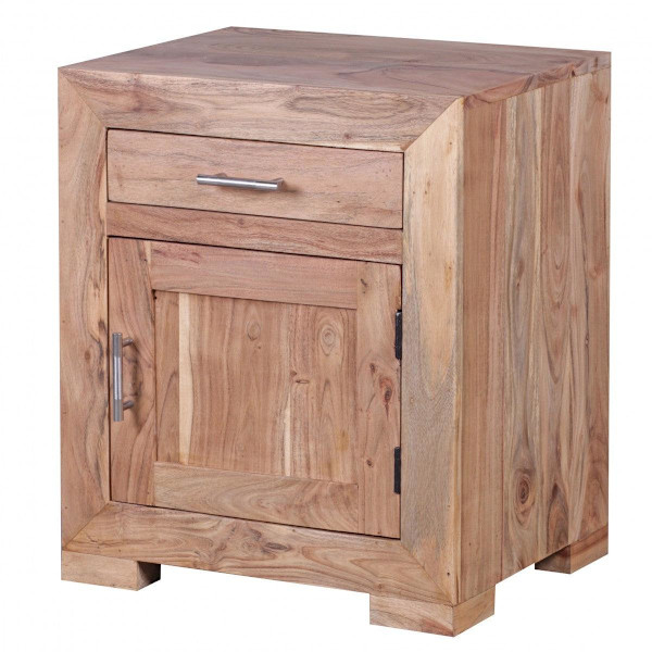Rootz sengebord massivt træ akacie design sengebord 60 cm med skuffe og dør sengebord til boxmadrasser
