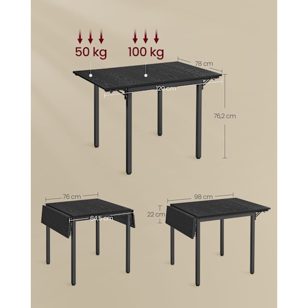 Rootz Folde Spisebord - Ibenholt Sort - Blæk Sort - Spånplade Stål - Pladsbesparende - 78 cm x 120 cm x 76,2 cm - Letvægt 17,5 kg