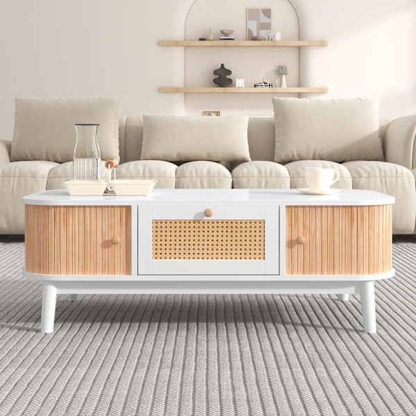 Rootz Rattan -sohvapöytä - Maatyyli - Tyylikäs polyrattan - tilava säilytystila - 110L x 55W x 38,5H cm