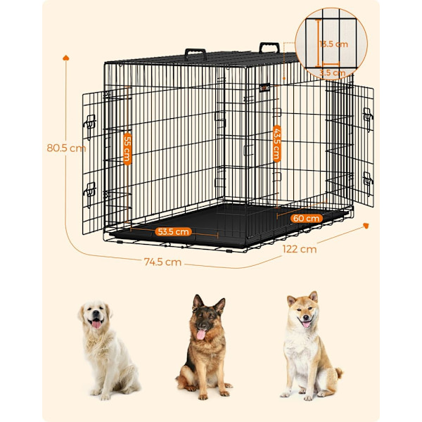 Rootz hundbur med 2 dörrar - Tvådörrars hundgård - Hopfällbar hundbur - Mångsidig - Robust hundbur - Järntråd - Svart - 122 x 74,5 x 80,5 cm (L x B x