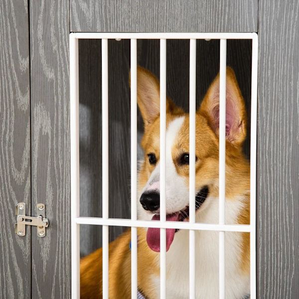 Rootz Transportkasse - Hundebur - Til mellemstore og små hunde - Låsbar - Træbaseret - Stål - Grå + Hvid - 85W x 55D x 75H cm