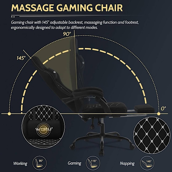 Rootz Massage Gaming Chair - Ergonomisk kontorsstol - Reclining Gamer Chair - Mesh-tygsits - Svankstöd - Justerbart nackstöd - 64cm x 127cm x 54cm