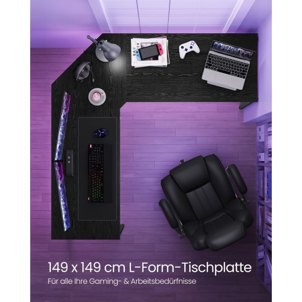 Rootz computerbord - Arbejdsstation - Studiebord - Spånplade og stål - Rummelig - Robust - Nem montering - Ibenholt sort-blæk sort - 149 cm x 149 cm x