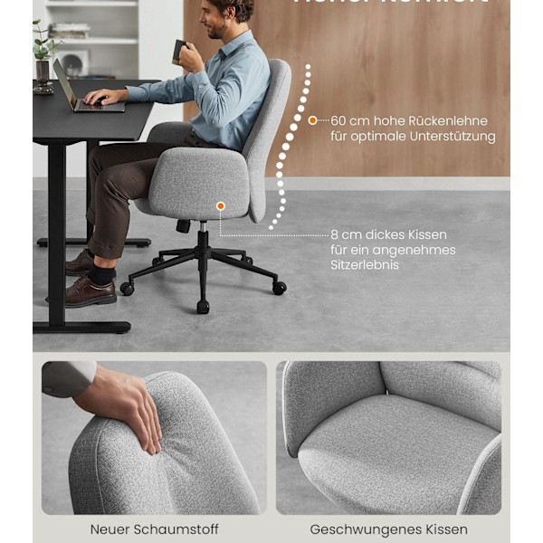 Rootz Snurrstol med Dove Grey Armstöd - Kontorssits - Justerbar i höjdled - Stålram - Bomull-linneblandning - 70 cm x 70 cm x (101-109 cm)