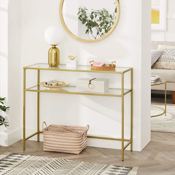 Rootz Konsolbord - Sidebord - 2 niveauer - Hærdet glas - Metalstel - Justerbare ben - Guld - 100 x 35 x 80 cm