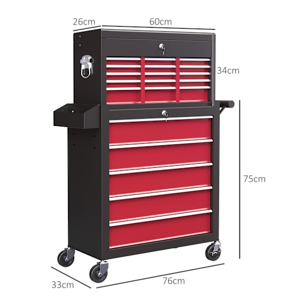 Rootz Tool -vaunu - Työpajavaunu - Mobiilityökalun rintakehä - Lukittavat laatikot - Punainen teräs - 14 laatikkoa - 60x26x34cm & 76x33x75cm