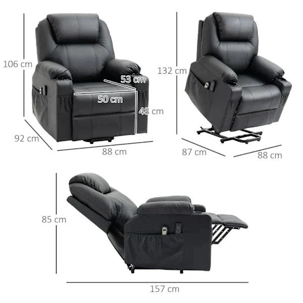 Rootz Electric Stand-Up Chair - Massagestol - Tv-stol - Skråtstillet ryglæn - 8 massagetilstande - Elegant imiteret læder - Sort - 88 x 92 x 106 cm