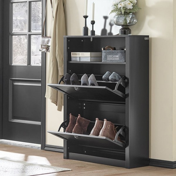 Rootz Skoskåp med 2 flikar - Skokipper - Skobyrå - Robust MDF-konstruktion - Extra förvaringsfack - Väggfäst - 80cm x 110cm x 24cm - Svart