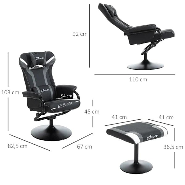 Rootz Rentoutumistuoli - TV-tuoli - Pehmustettu tuoli - Pelisohva - Jakkara - Musta/harmaa - 67 x 82,5 x 103 cm