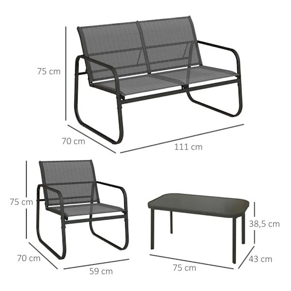 Rootz 4-osainen puutarhasetti - 2 nojatuolia - 2 istuttava sohva - Pöytä lasitasolla - Hengittävä kangas - Metallirunko - Musta - 111cm x 70cm x 75cm