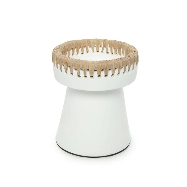 Rootz Pretty White Candle Holder - Terracotta Candle Stand - Raffia Decor - Stylish Home Accent - 13cm x 13cm x 16 cm