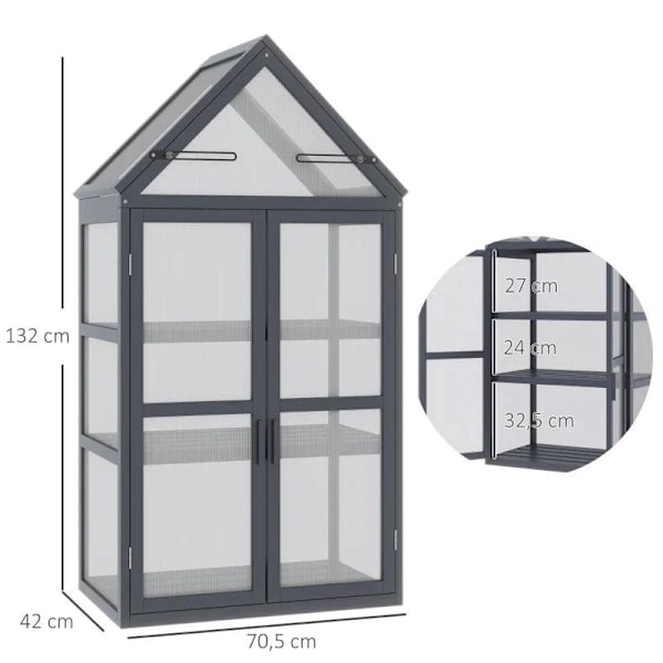 Rootz Drivhus - Drivhus med 3 hylder - Massivt træ - Polycarbonathus - Grå - 70,5 x 42 x 132 cm