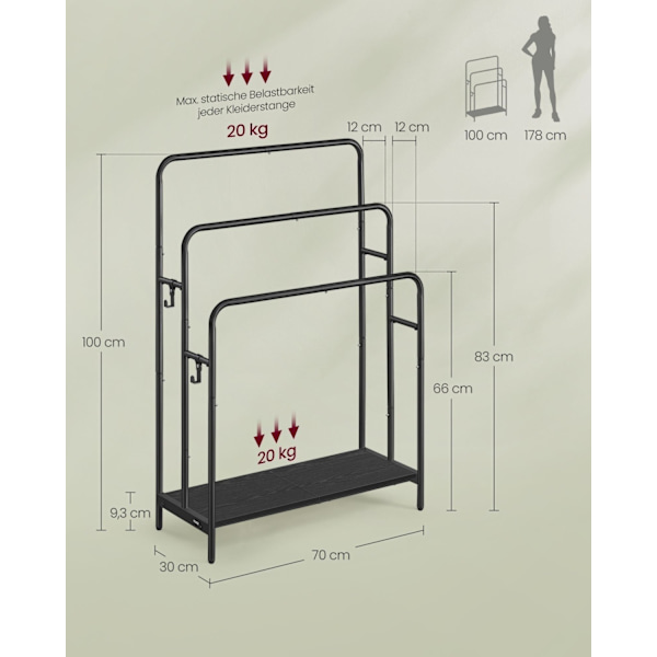 Rootz håndklædestativ med 3 stænger - Badeværelsesorganisering - Håndklædeholder - Metal og spånplade - 70 cm x 30 cm x 100 cm - Blæk Sort-Ibenholt So