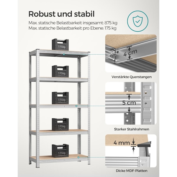 Rootz Garage Opbevaringsstativ - Reolsystem - Organizer - Stålramme - Træhylder - Rustbestandig - Justerbar - Tipbeskyttelse - 180cm x 90cm x 40cm