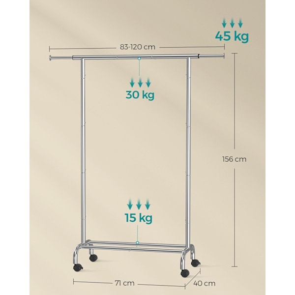 Rootz justerbar tøjstativ på hjul - Tøjstativ - Rullende garderobestativ - Stål og plastik - 40 cm x (83-120 cm) x 156 cm - 2,9 kg