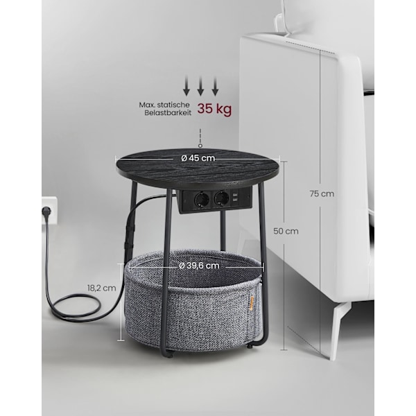 Rootz sidebord med ladestation - stikkontakt - sort - grå - spånplade stål polyester - 45 cm x 50 cm - 4,4 kg - 35 kg Kapacitet