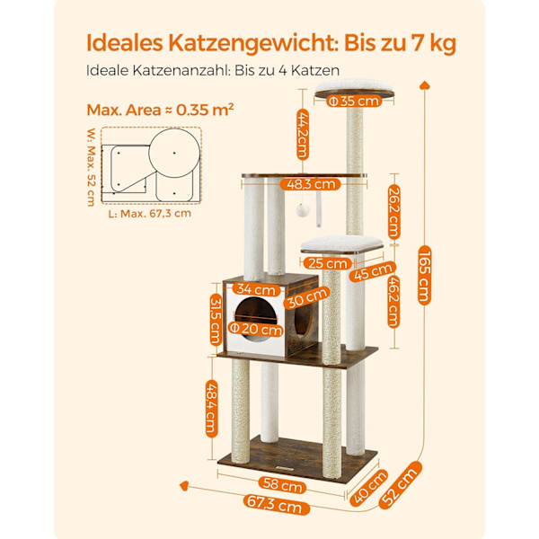 FEANDREA Vintage Brown Cat Tree Skrapstolpe - Cat Tower - Cat Condo - Spånskiva - Plysch - Sisal - 58cm x 40cm x 165cm
