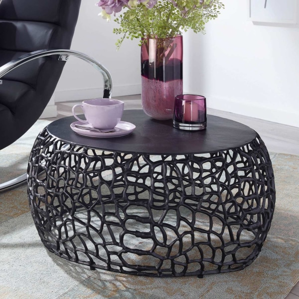 Rootz soffbord metall svart 66x66x30 cm soffbord aluminium runt - Design vardagsrumsbord med grenstruktur - Litet soffbord Modernt - Sidobord sidobord