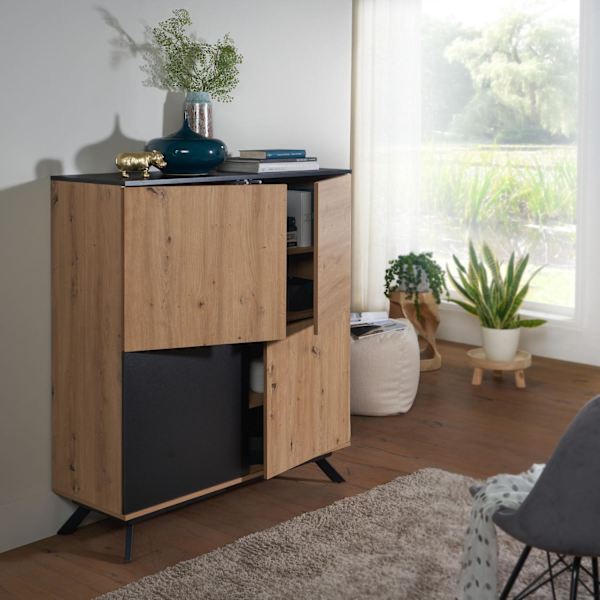 Rootz highboard 110x125x40 cm MDF skænk i egetræsindretning - sort - kommode med 4 låger - Kommode skab hall skab moderne - Fritstående skænk med meta