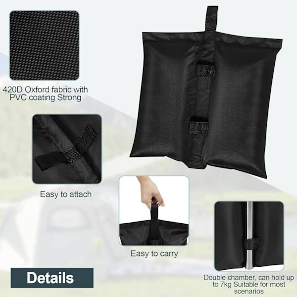 Rootz Sandbag Sæt - 4 dobbeltkammer vægtposer - 300GSM Oxford stof - Vandtæt - Nem fastgørelse - Alsidig brug - 37 cm x 41,5 cm - Sort