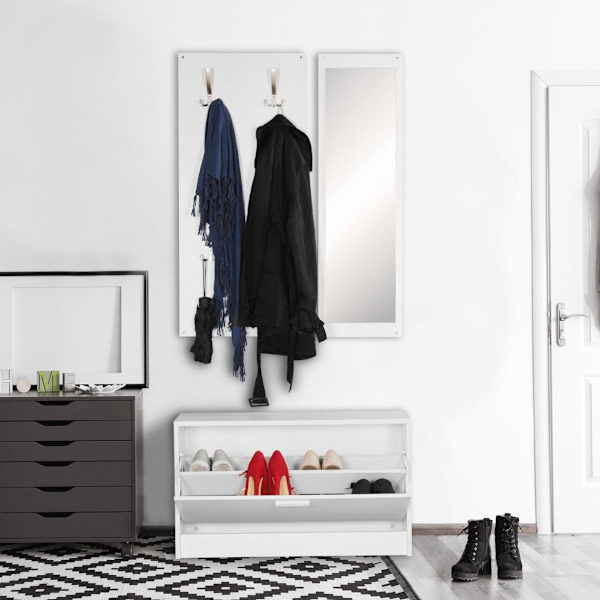 Rootz væghængt garderobe med spejl & skoskab spånplade hvid - Modern Hallway Compact Garderobe til jakker & sko - komplet garderobe