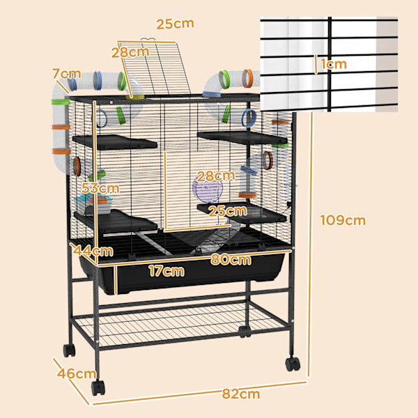 Rootz Hamster Cage med rør - gnaverhus - Small Animal Habitat - Øvelse sjov - 109 cm x 82 cm x 46 cm, sort