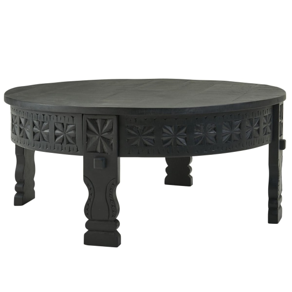 Rootz design sofabord 80x36x80 cm Mango massivt træ sofabord rundt sort - Stuebord træ Saloon bord massivt - Bord stue orientalsk - Sofabord loungebor