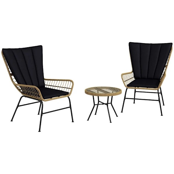 Rootz Havemøbelsæt - Bistrosæt - Boho Style - Balkonmøbler - Vejrbestandigt - Sofabord - Sædehynder - Stålrør-pe-rattan - Naturligt træ-sort - 78 x 68