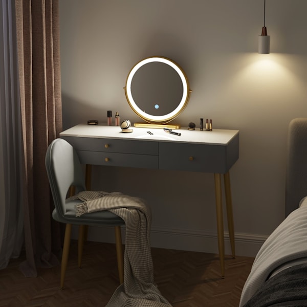 Rootz justerbart toalettbord med LED-spegel och sammetspall - Sminkbord - Justerbar belysning, gott om förvaring, ergonomisk design - 100 cm x 122 cm