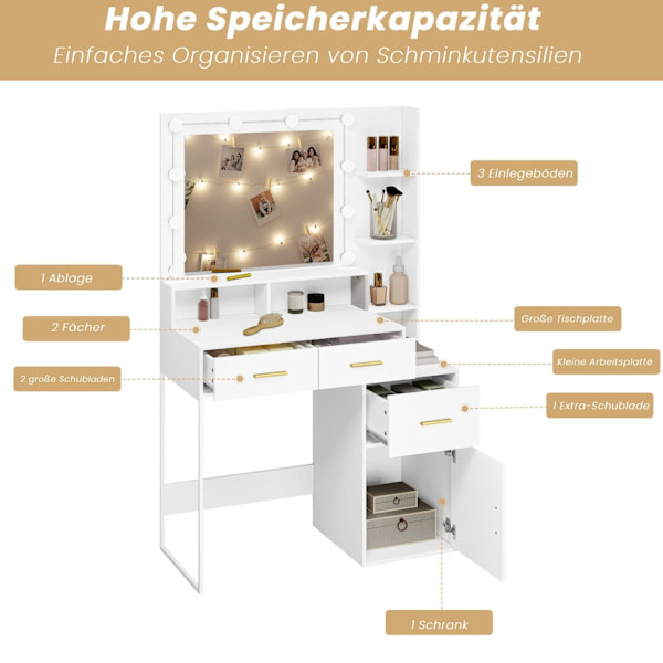 Rootz-kampauspöytä LED-peilillä - Meikkipöytä - Meikkipöytä - Säädettävä kirkkaus, tilava säilytystila, kestävä rakenne - 90 cm x 143 cm x 39,5 cm