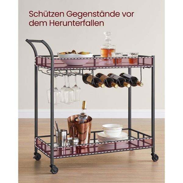 Rootz Black Steel Mirrored Glass Trolley - Barvagn - Serveringsvagn - Heavy Duty - Rymliga hyllor - Enkel montering - 38cm x 80cm x 77,5cm