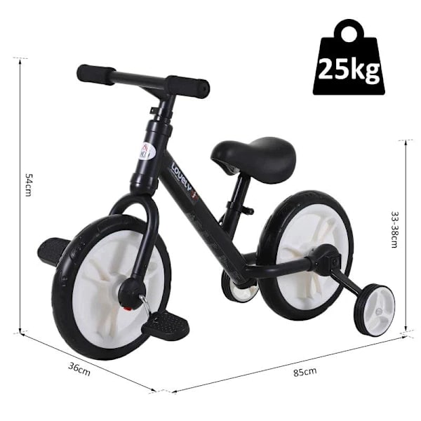 Rootz Børnebalancecykel - Lærercykel - Børnecykel med træningshjul og pedaler - Sædehøjdejusterbar - Sort