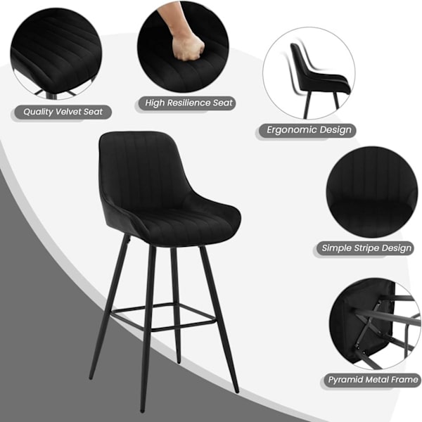 Rootz Velvet -baarijakkarasetti - Työpöytäjakkarat - Neliön muotoinen metallijalkatuki - Paksu vaahtomuoviistuin - Ergonominen selkänoja - 48,5 cm x 1