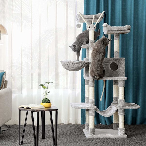Rootz Cat Tree - Kradsestolpe - Hængekøje - Kattehule - 6 niveauer - Grå - Beige - 50 x 50 x 164 cm