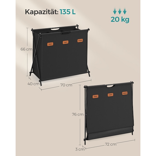 Rootz bärbar tvättkorg - hopfällbar korg - tygförvaringsfack - 600D Oxford-duk - Stålram - 70 cm x 40 cm x 66 cm